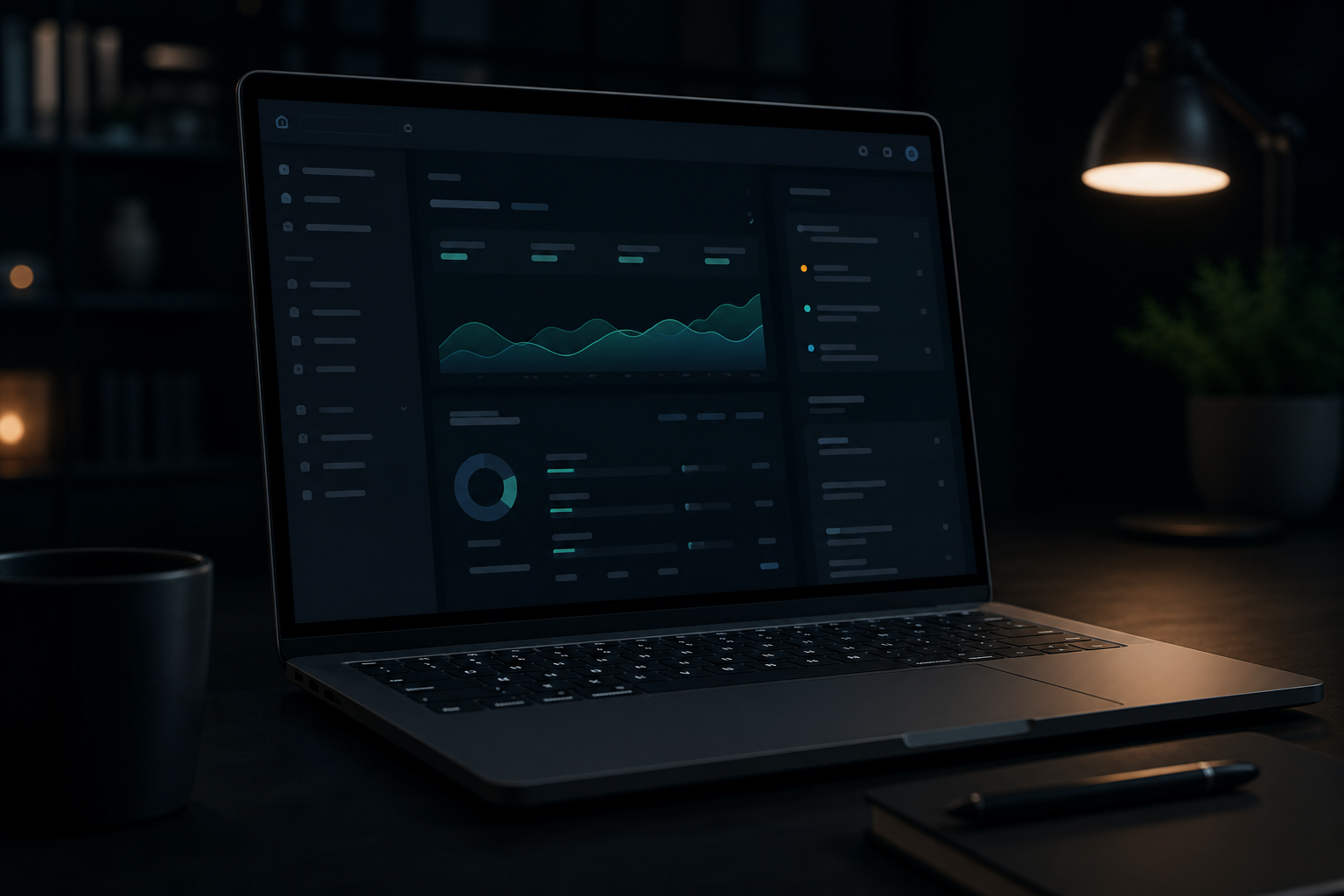 Web application dashboard open on a laptop in a dim workspace