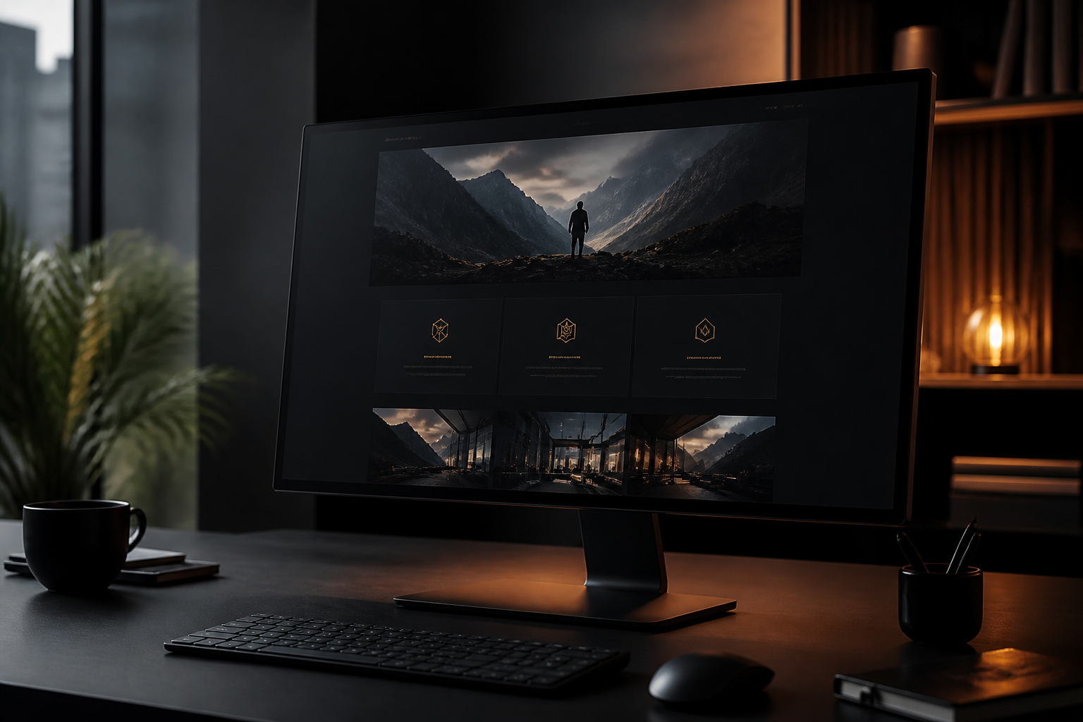 Dark marketing website displayed on a desktop monitor